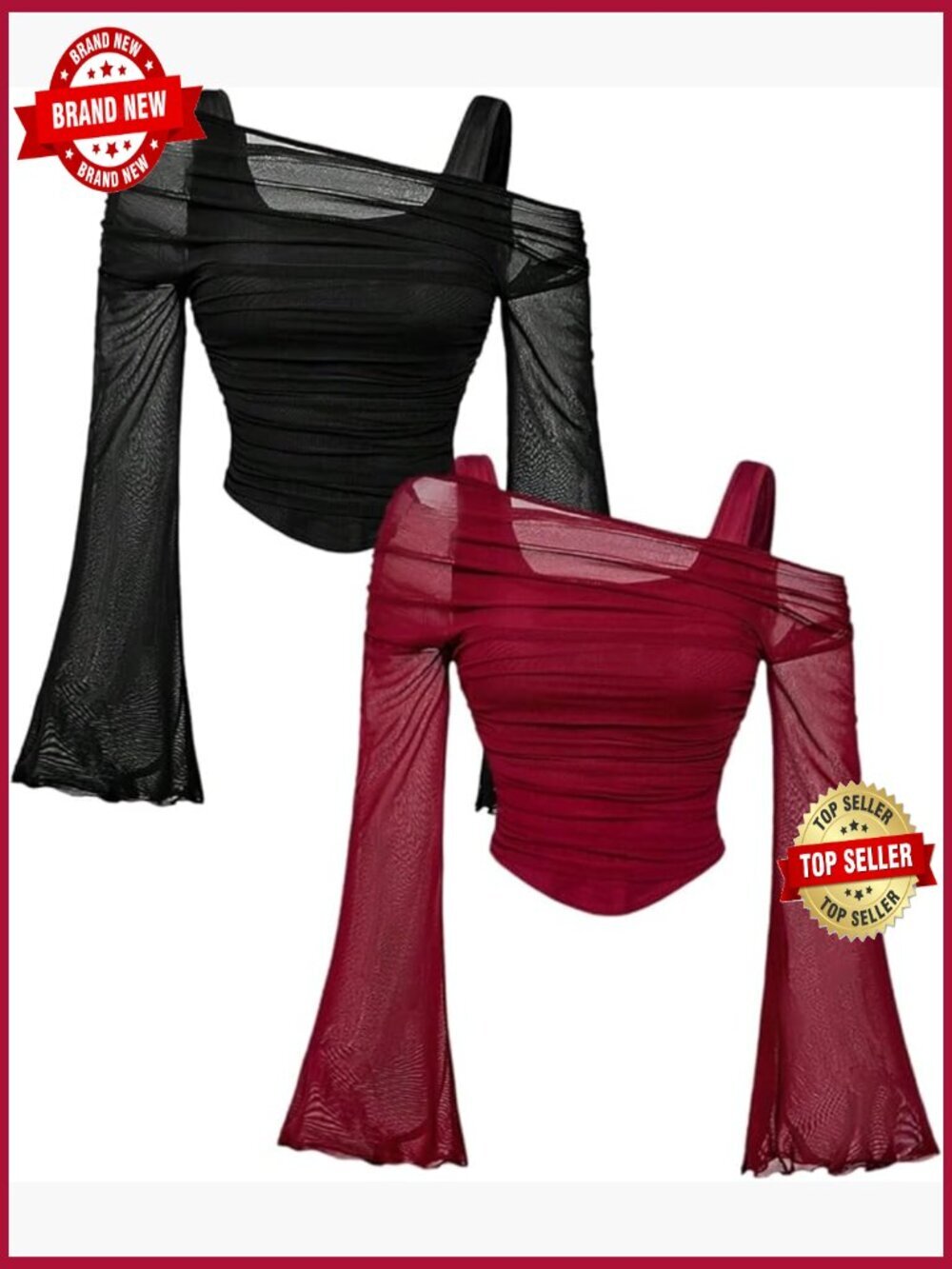 2 Pack Off Shoulder Long Bell Sleeve Mesh Crop Tops